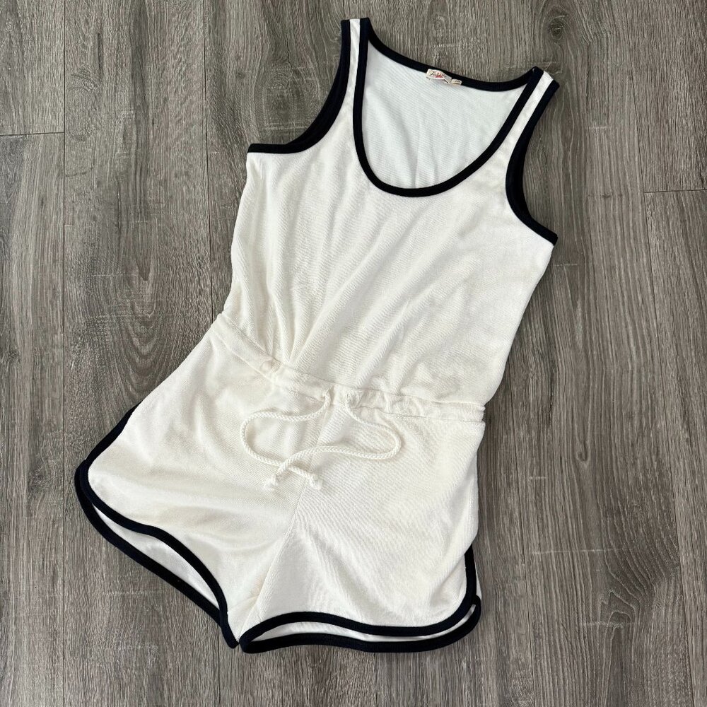 Faherty Cabana Terry Cloth Romper Oyster Beach Boho Black Trim Women Size Small